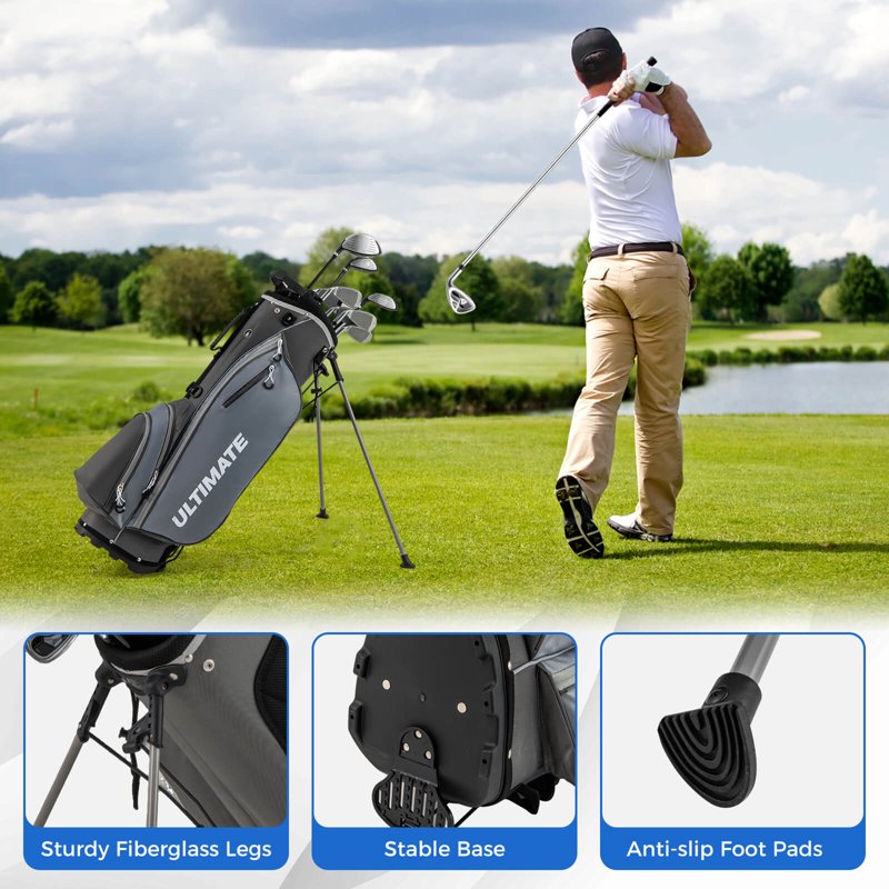 Costway Men's Golf Club Set 10 Pieces with Alloy Driver, Putter + Stand Bag — Gray