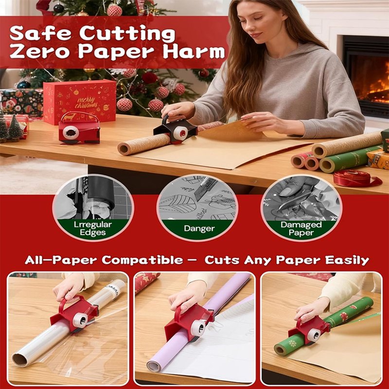 Wrapping Paper Cutter & Tape Dispenser Set - Safe, Easy Gift Wrap Tool with 4 Tapes & 2 Blades
