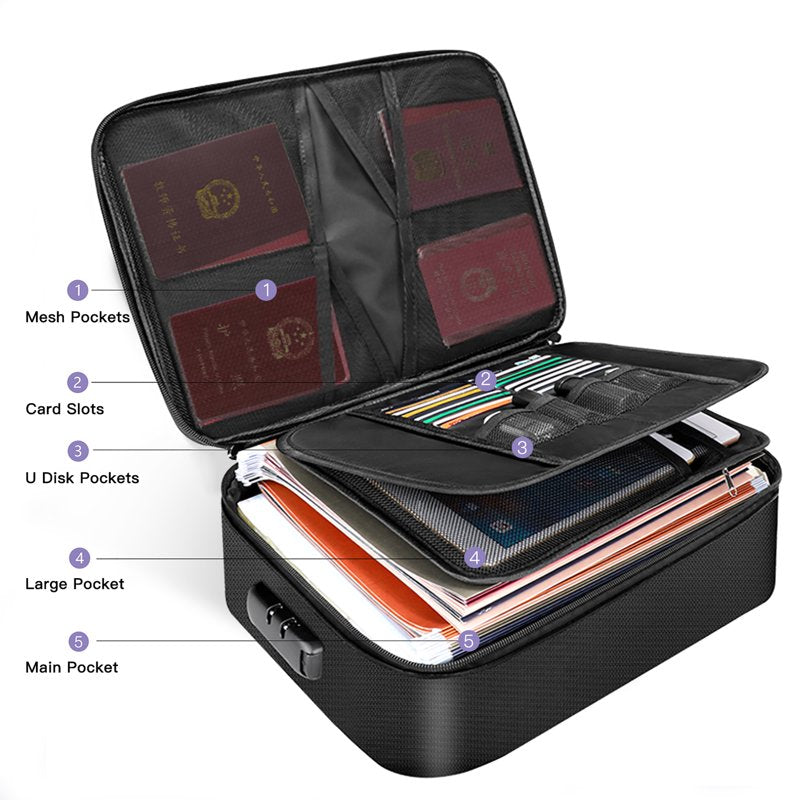 Fireproof Document Organizer Bag with Lock and Water-Resistant Zipper – Large 3-Layer Travel Safe for Files, Laptop, Certificates