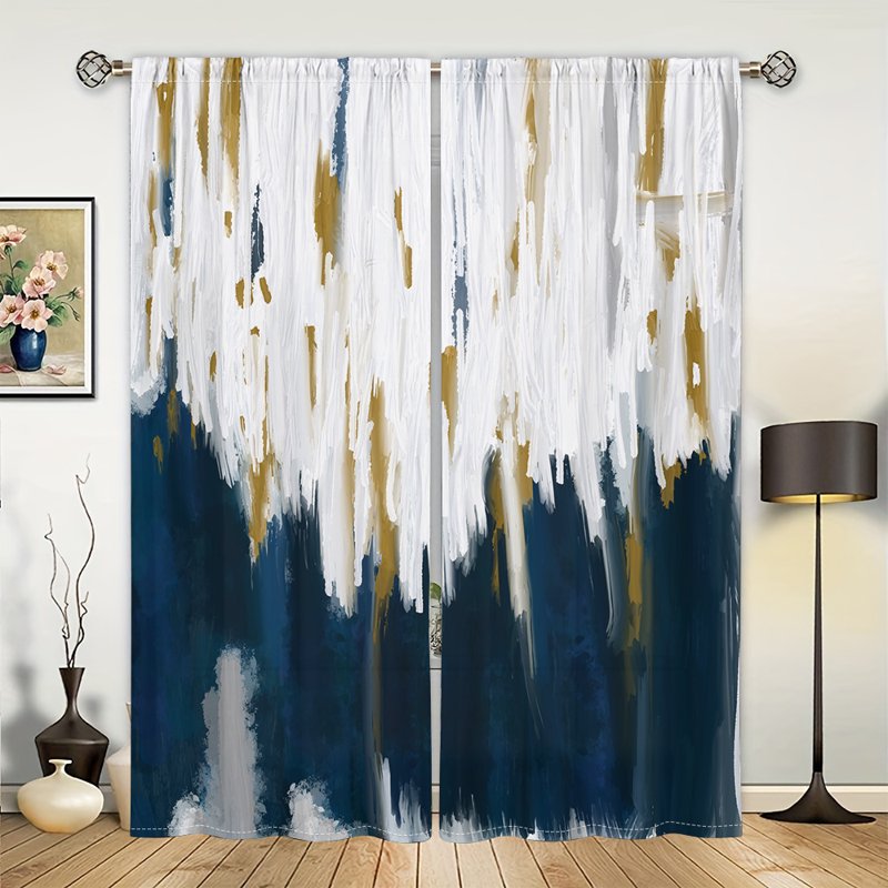 Light-Filtering Curtains Set of 2 - Modern Navy Blue & White Window Drapes