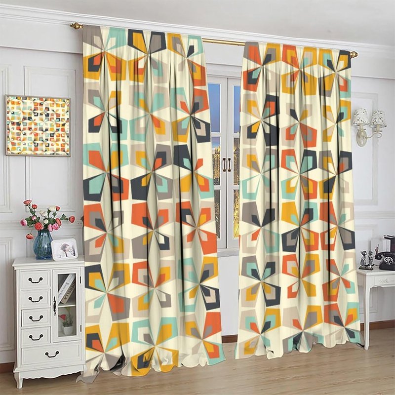 Mid Century Geometric Retro Rustic Style Thermal Insulated Curtain Set - 2 Panels