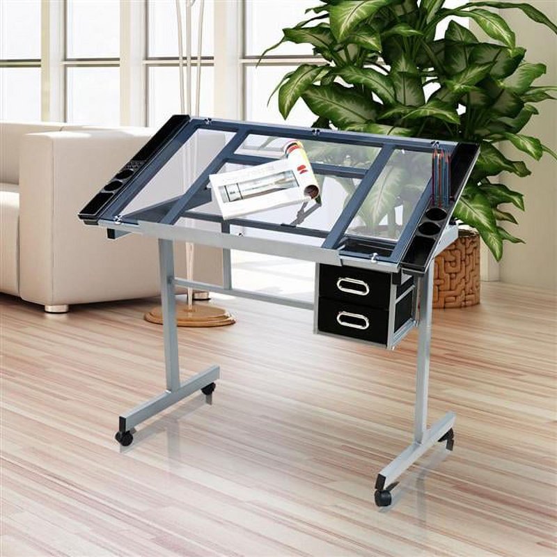 Adjustable Drafting Table with Drawers and Glass Top - Black