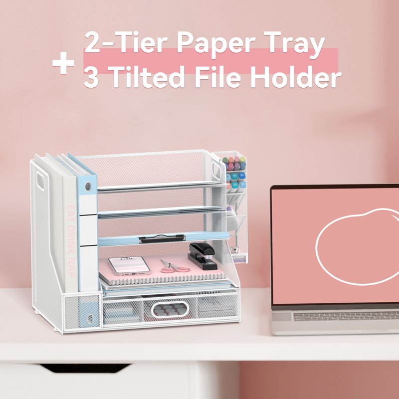 INTIGE White 5-Tier Desk Organizer with File Holder, Drawer & Pen Tray