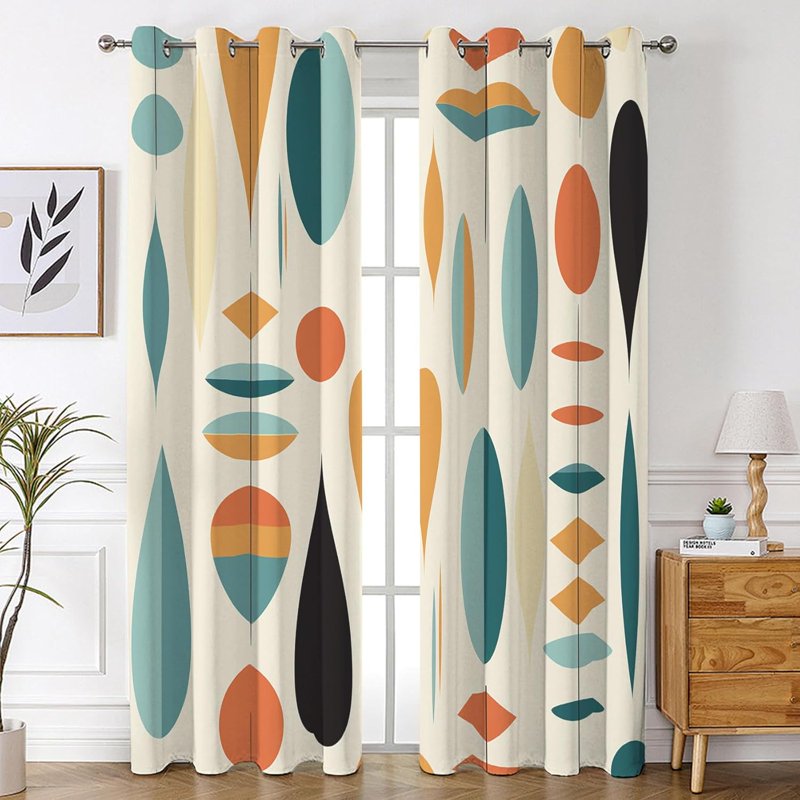 Blackout Curtains 2 Panel Set - Geometric Mid Century Modern Window Drapes