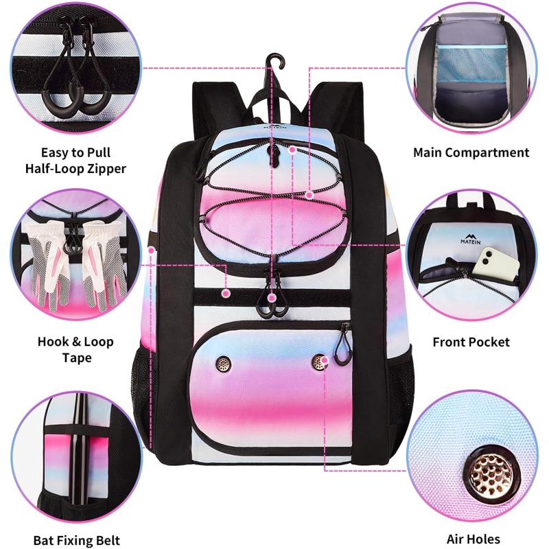 Lightweight Baseball Backpack with Shoe Compartment & Fence Hook for Girls