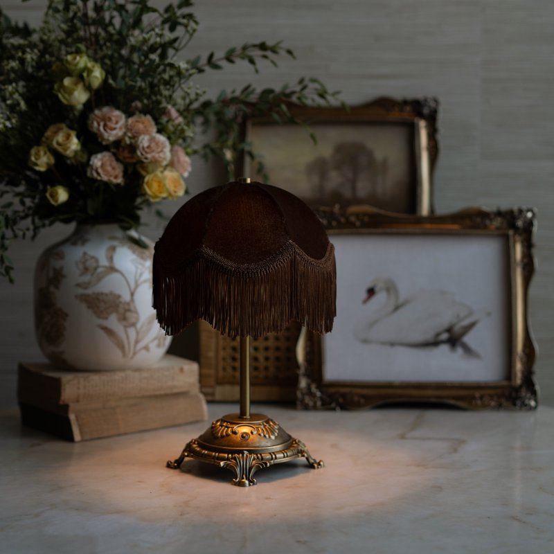 Rechargeable Victorian Style Velvet Fringe Table Lamp with Antique Gold Base