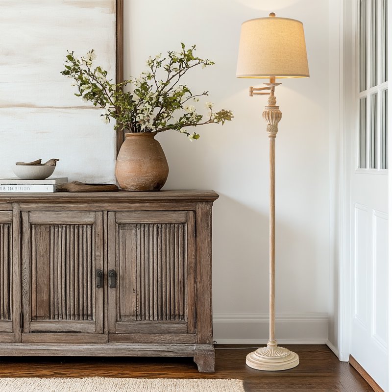 Vintage Floor Lamp with Adjustable Swing-Arm - Antique White Resin Standing Lamp for Living Room & Bedroom