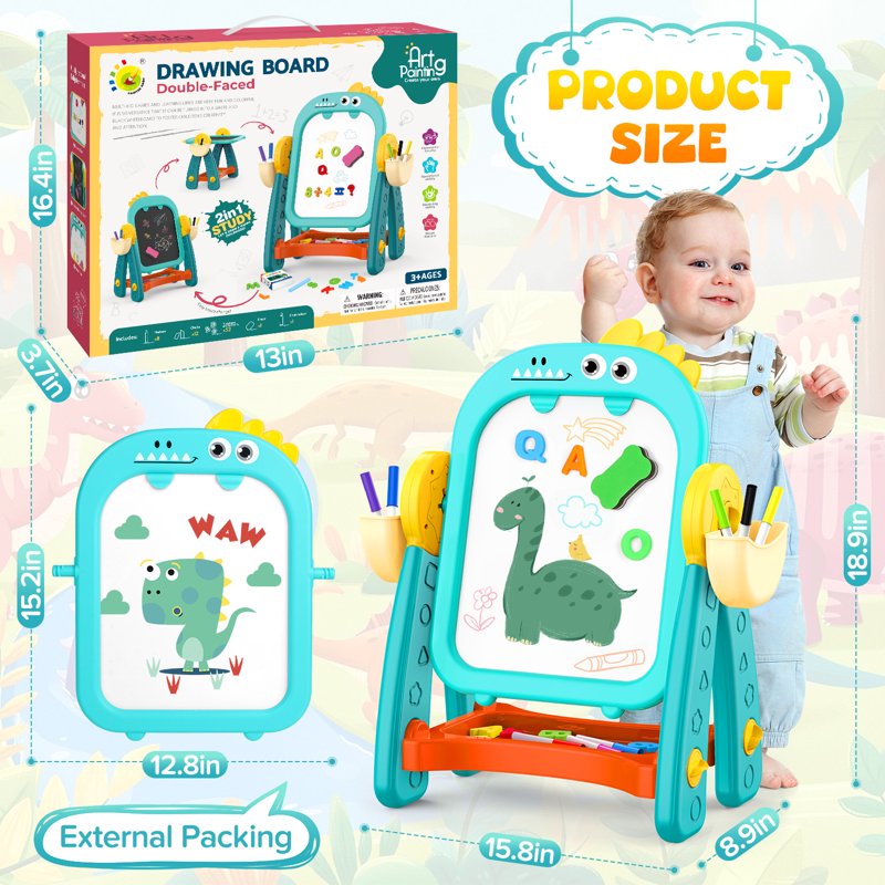 Kids Double Sided Chalkboard and Whiteboard Easel - Dinosaur Learning & Art Gift for Ages 2-6