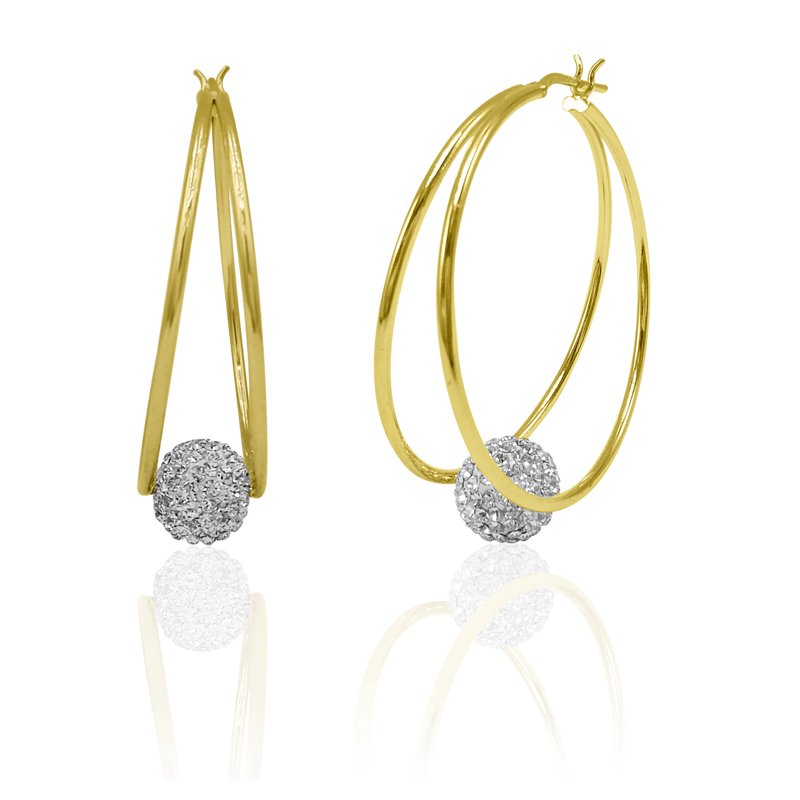 14K Gold Plated Sterling Silver Double Hoop Earrings with Crystal Balls - Hypoallergenic Adult Jewelry
