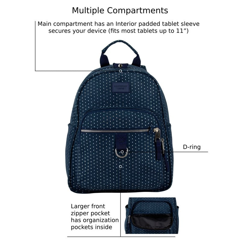 Mini Backpack for Travel and Daily Use with Secure Zipper Pockets - Navy Glitter Dots