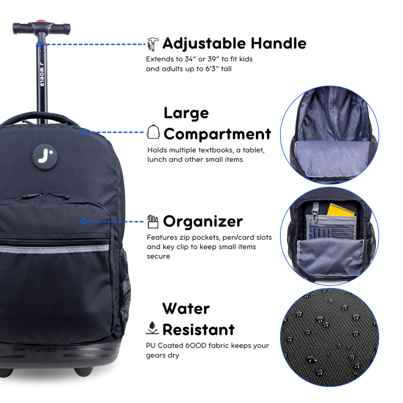 Kids & Adults 18-Inch Rolling Backpack for School & Travel - Multiple Colors