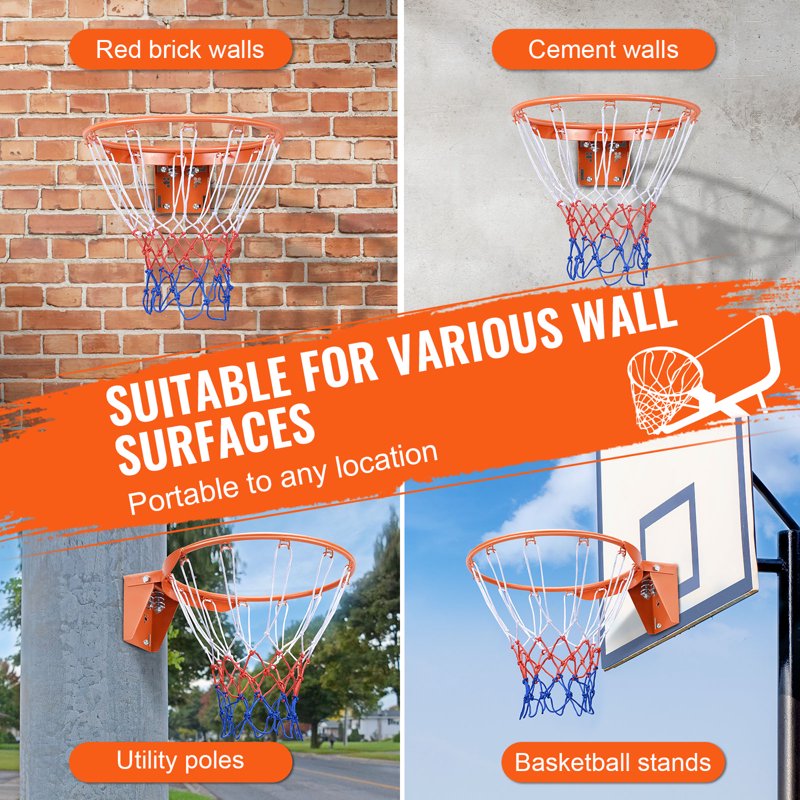 Heavy Duty Wall-Mounted Basketball Rim 18 Inch Indoor Outdoor Hoop with Net