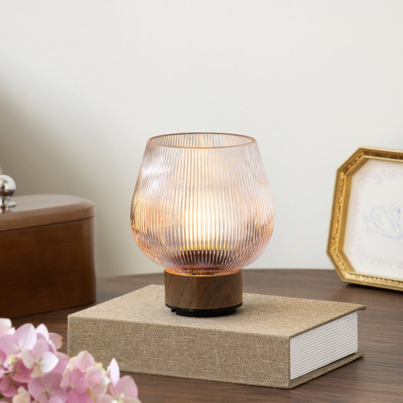 Rechargeable Pink Glass Accent Light with Warm Walnut Finish