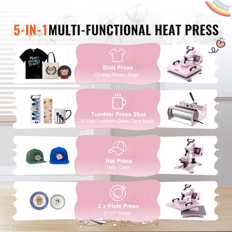 15x15 Inch Heat Press Machine with 5-in-1 Transfer Tool for T-Shirts Mugs Hats