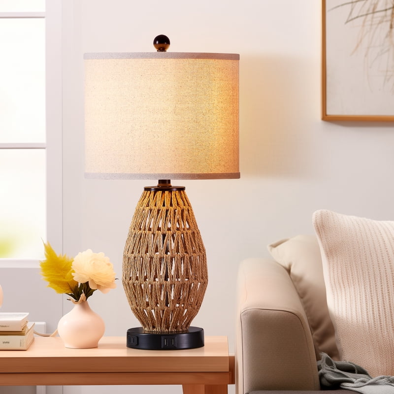 Modern Rattan & Linen Table Lamps with USB & AC Outlet - Touch Control, Dimmable Nightstand Lighting