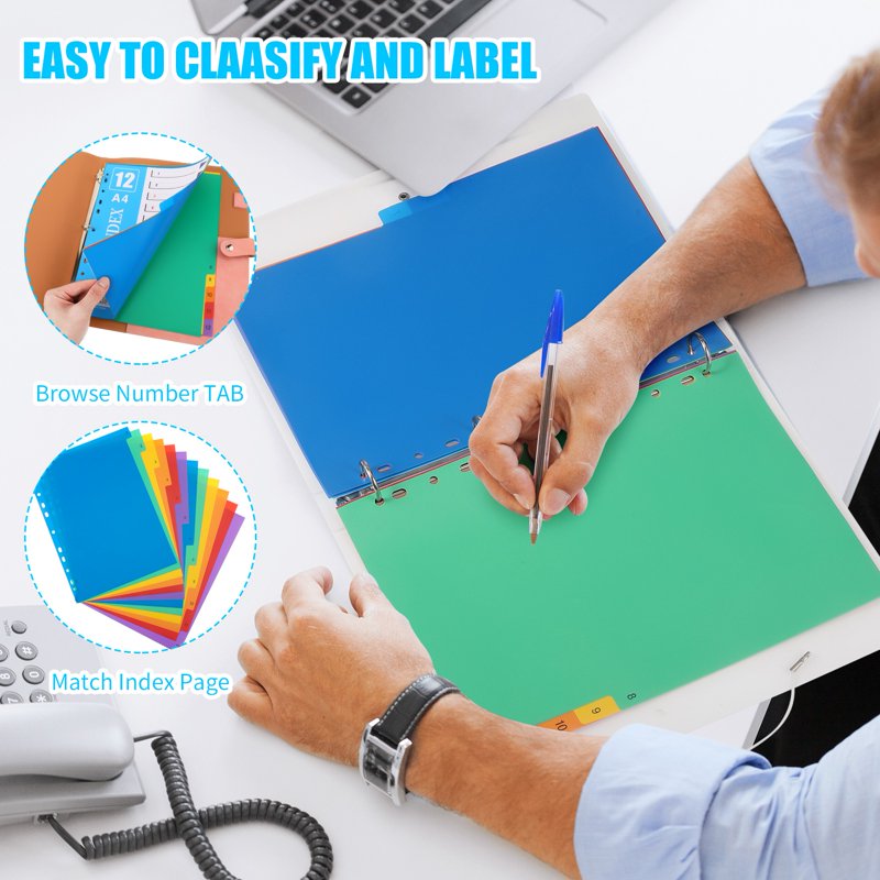 60-Tab Binder Dividers Set with 12 Color-Coded Tabs for 3-Ring Binders, Waterproof Plastic Office & School Supplies