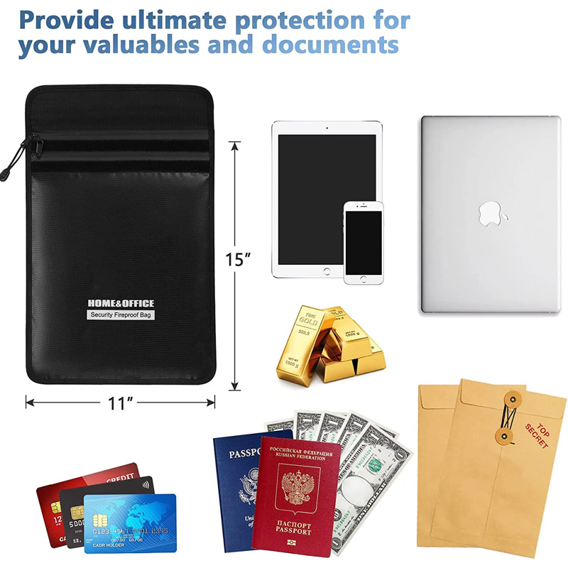 Fireproof Waterproof Document Bag 15x11in Silicone-Coated Fiberglass Black
