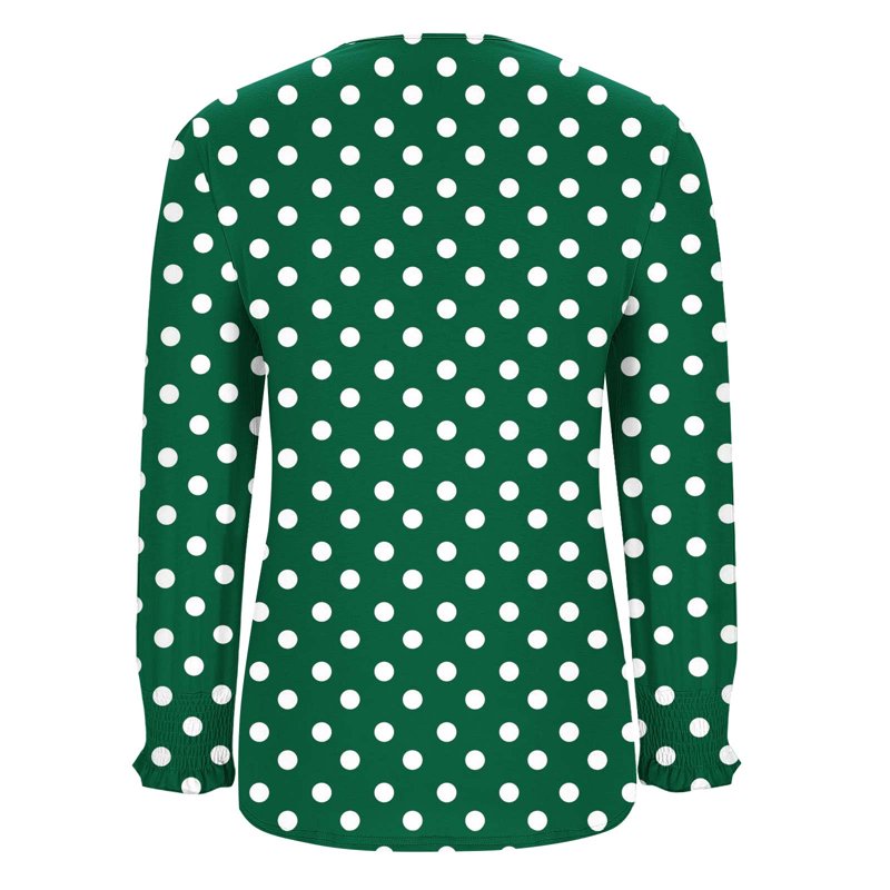 Polka Dot Flowy Blouses for Women - Relaxed Army Green Work Shirts, Crew Neck Long Sleeve
