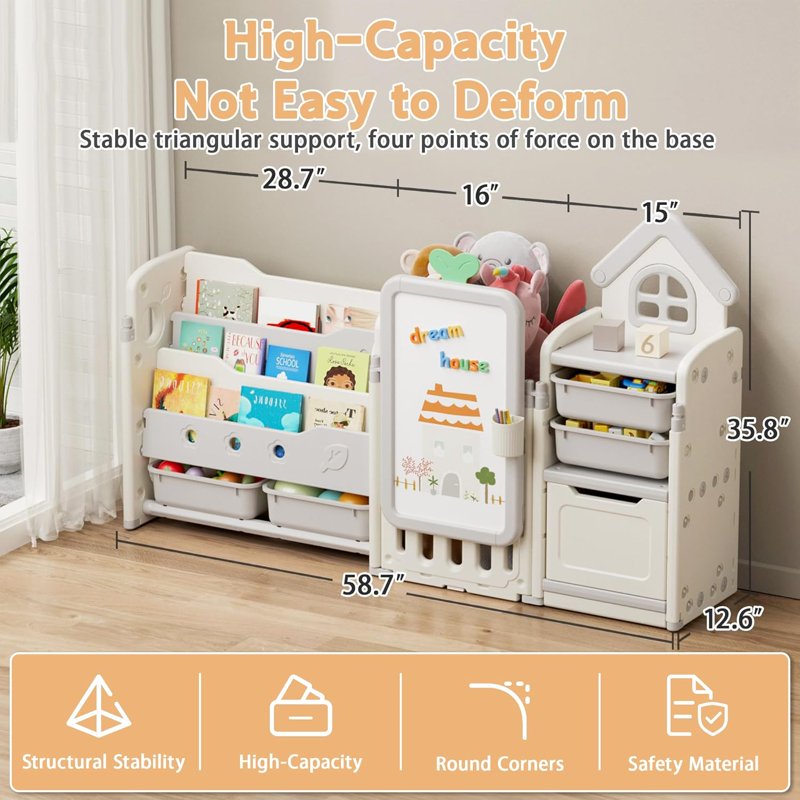 Kids Toy Storage Organizer with 10 Removable Bins & 3-Tier Bookshelf, Foldable