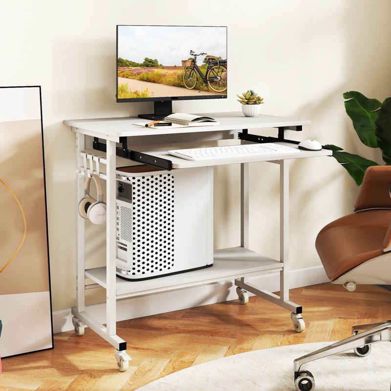 Mobile Laptop Desk with Keyboard Tray & Hooks, Lower Shelf, Wheels, White