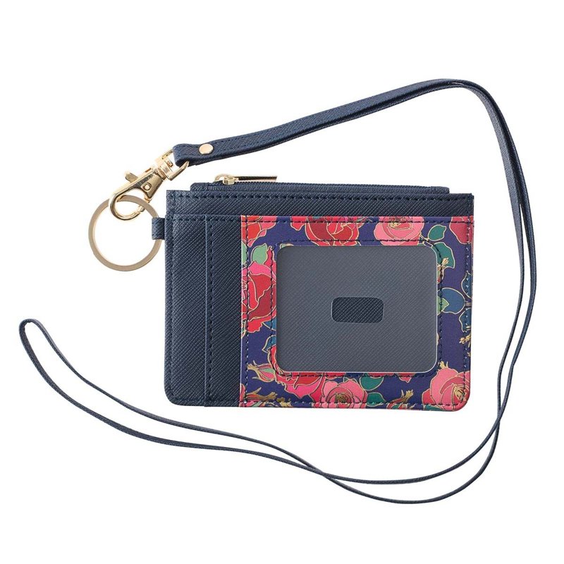 Faux Leather ID Card Holder with Rose & Heart Design, Keychain & Detachable Lanyard for Women