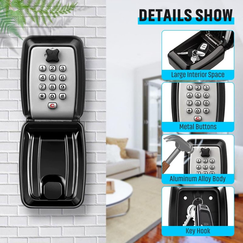 Waterproof Wall Mount Key Lock Box for Outdoor Security, 12-Digit Combination