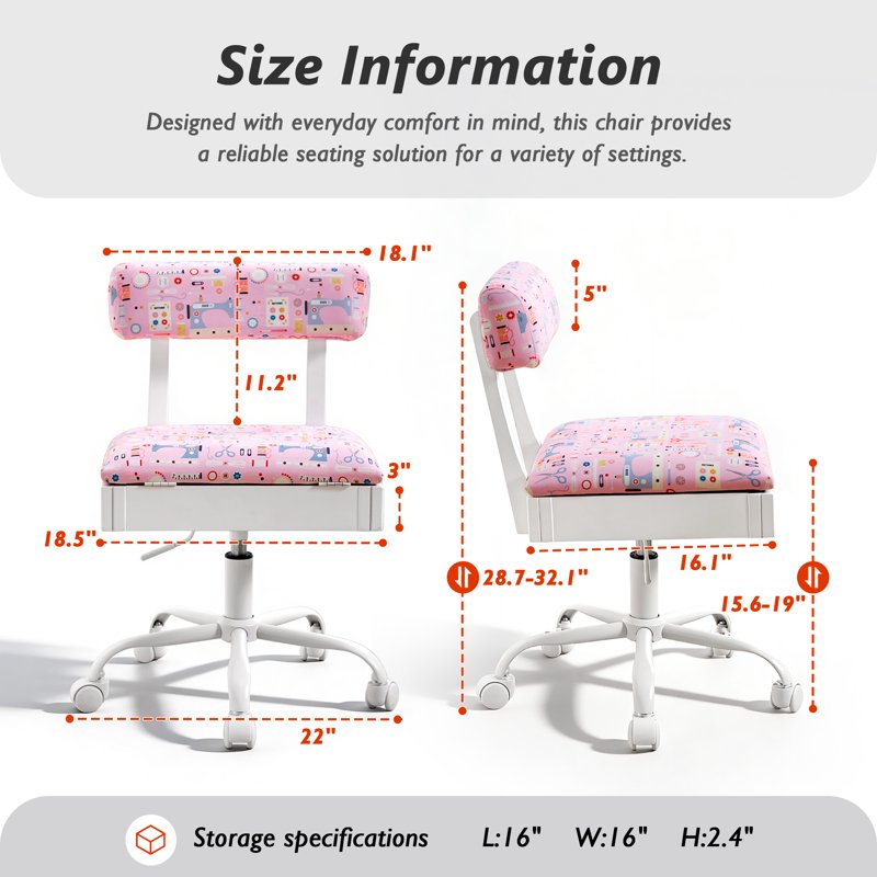 Adjustable Height Sewing Chair with Storage Drawer - Swivel Craft Chair, Upholstered