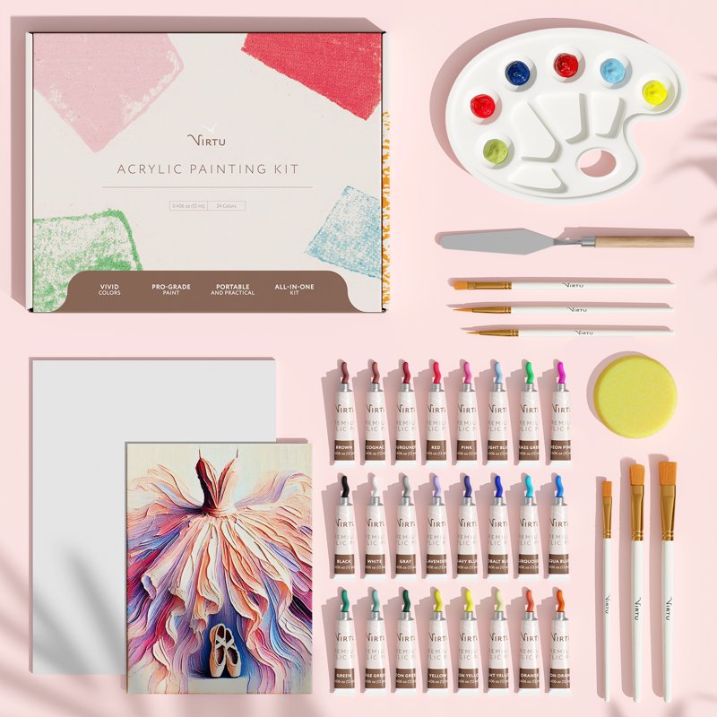 Acrylic Paint Set with 24 Vibrant Colors, Brushes, Canvases & Accessories