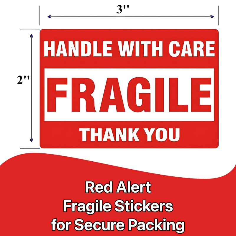 Fragile Handle with Care Shipping Labels - Red 2x3 Inch, 500 Stickers