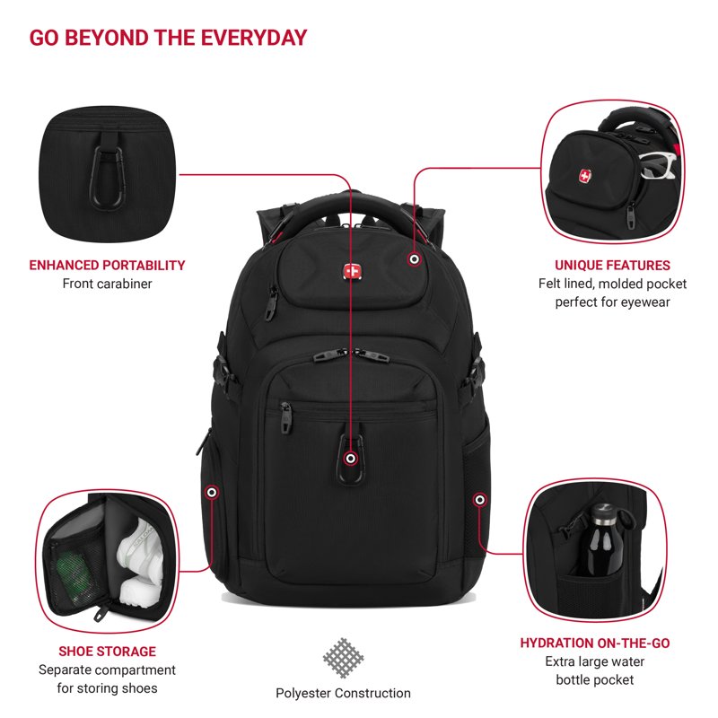 Laptop Backpack with Padded Compartments and Travel Features - Black, Blue, Grey, Olive