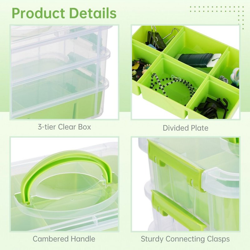 3-Layer Plastic Organizer Storage Box Set with Removable Tray, Stackable & Portable