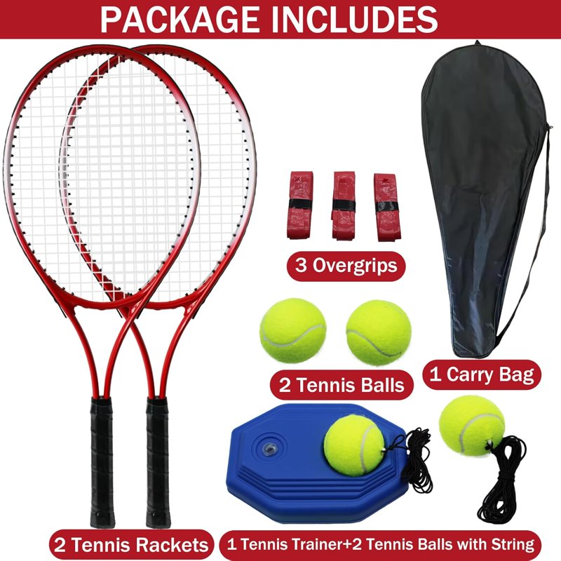 Adult Tennis Racket Set 27 Inch with 4 Balls, Overgrips, Trainer & Bag