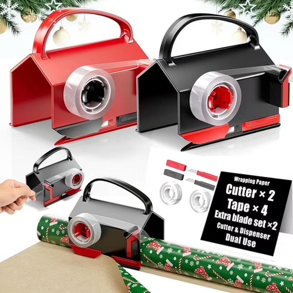 Wrapping Paper Cutter & Tape Dispenser Set - Safe, Easy Gift Wrap Tool with 4 Tapes & 2 Blades