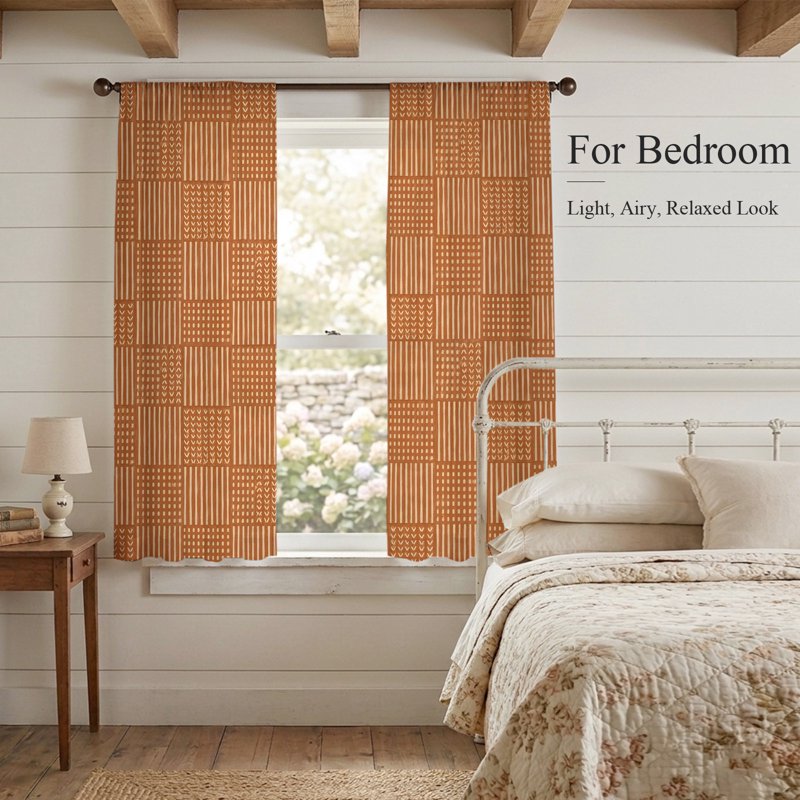 Sheer Plaid Curtains 72 Inch Length Set - Modern Geometric Window Drapes