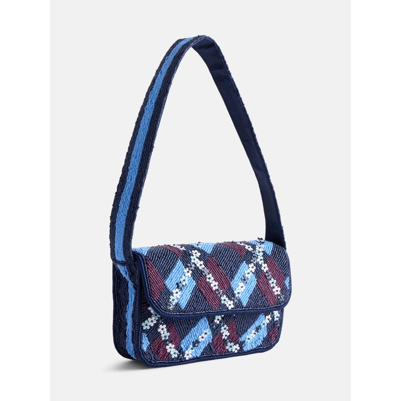 Beaded Argyle Shoulder Bag for Women - Preppy Style, Whimsical Flower Accents