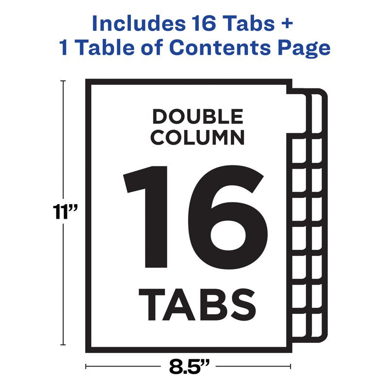 Double Column Binder Dividers with 16 Tabs, Multi-Color, Ready Index