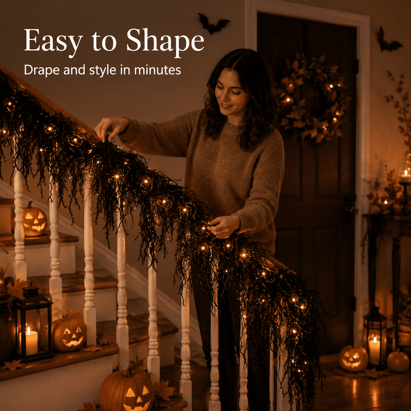 Halloween Garland Lights 5.9 Ft Black Creepy Decor for Mantel Wall Door Party