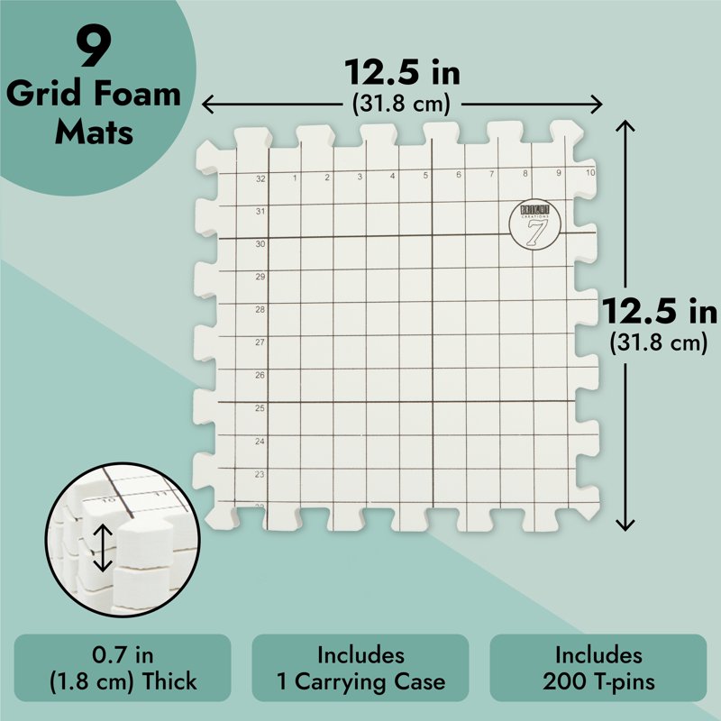 Interlocking Foam Blocking Mats for Knitting & Crochet Projects - 9 Pack, 12.5 x 12.5 inches, Grid Design, Includes T-Pins & Storage Bag