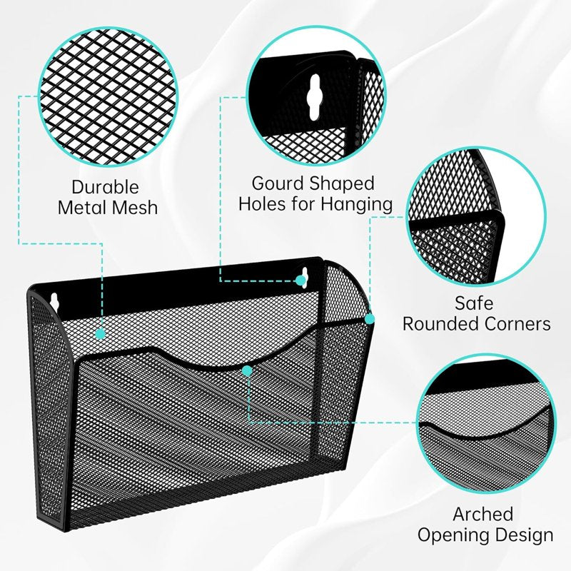 Wall Mount Mesh File Organizer - Hanging Desktop Magazine & Document Holder, Black