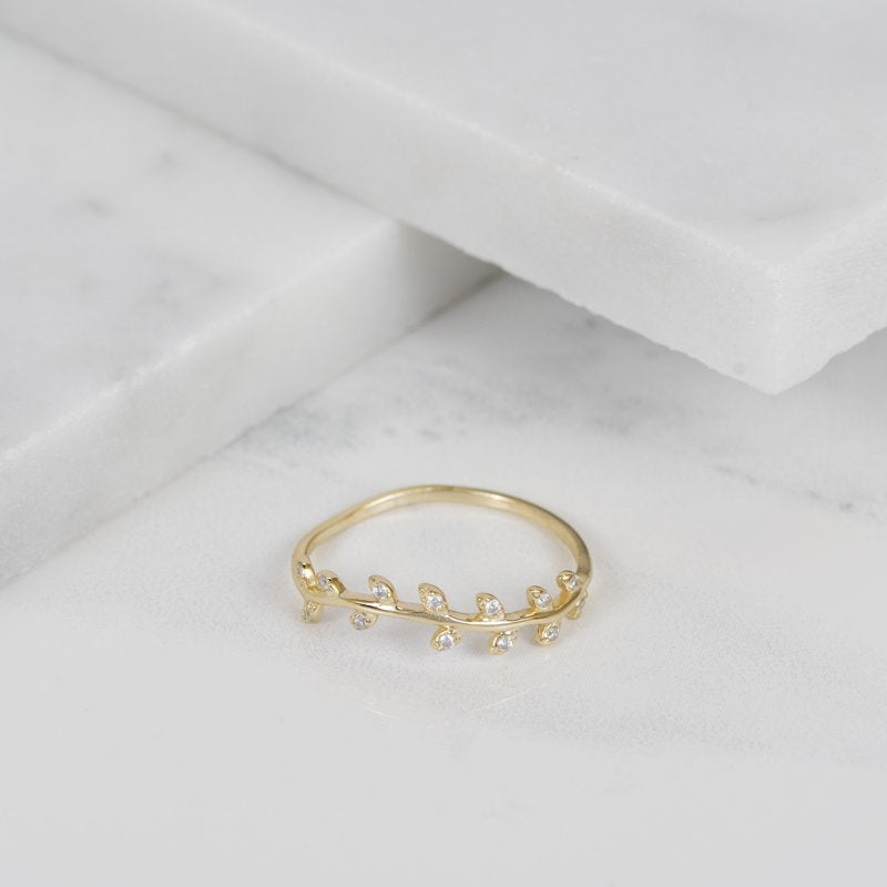 Gold Over Sterling Silver Leaf Band Ring with Cubic Zirconia for Women & Teens