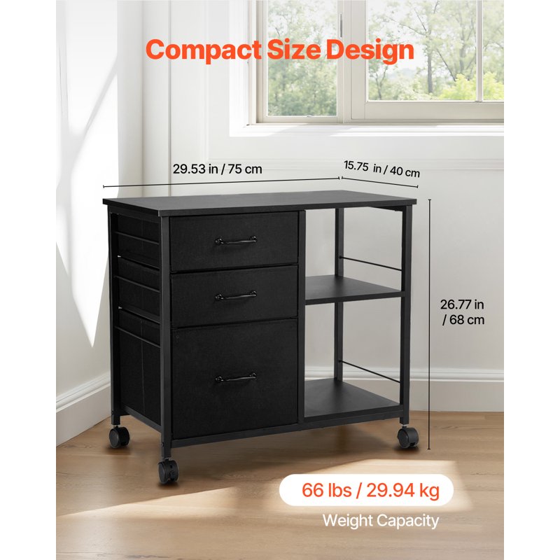 Metal File Cabinet with 3 Fabric Drawers and Open Shelves - Mobile Office Storage