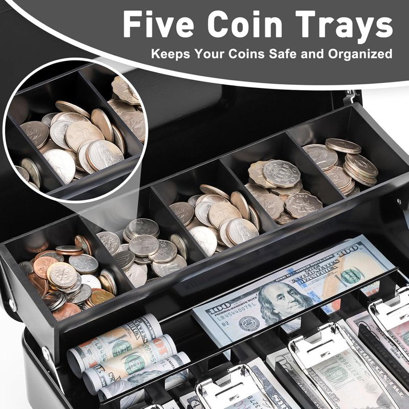 Metal Cash Box with Coin Trays and Lock for Secure Money Storage