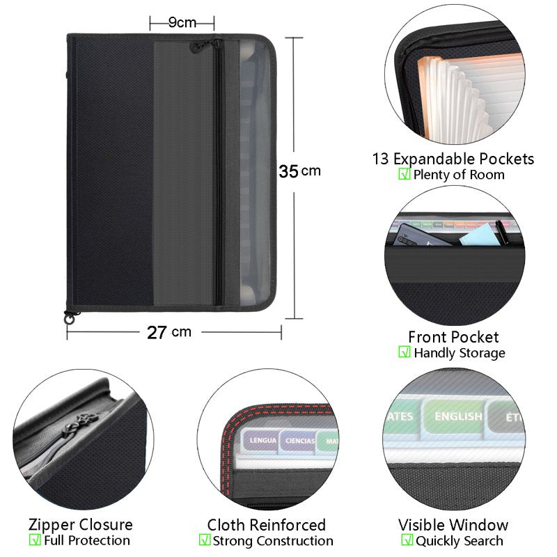 13-Pocket Expanding File Folder with Zipper Closure - Portable Document Organizer
