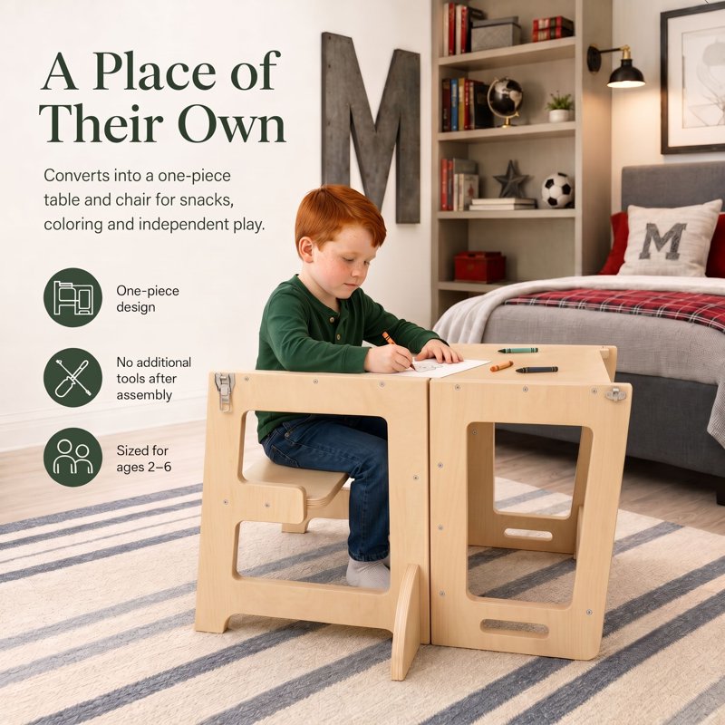 4-in-1 Toddler Kitchen & Learning Tower - Montessori Convertible Stool & Table