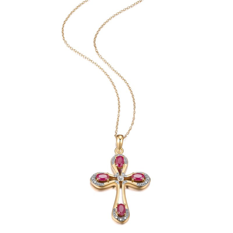 Gold Over Sterling Silver Ruby and Diamond Cross Pendant with 18" Chain