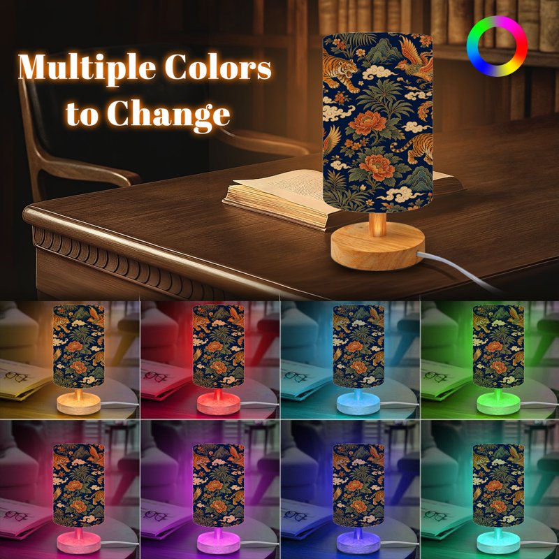 16-Color Dimmable Table Lamp with Wood Base & Fabric Shade - Nightstand Bedroom Nursery Lighting