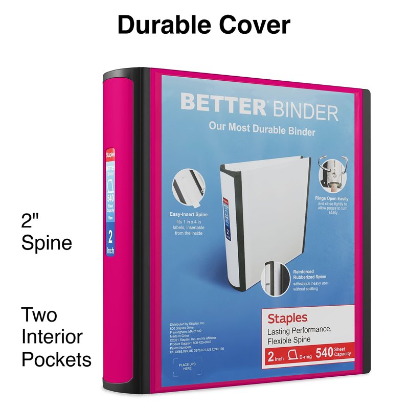 2-Inch Pink Three-Ring Binder - Heavy Duty 540-Page Capacity, Office Organization