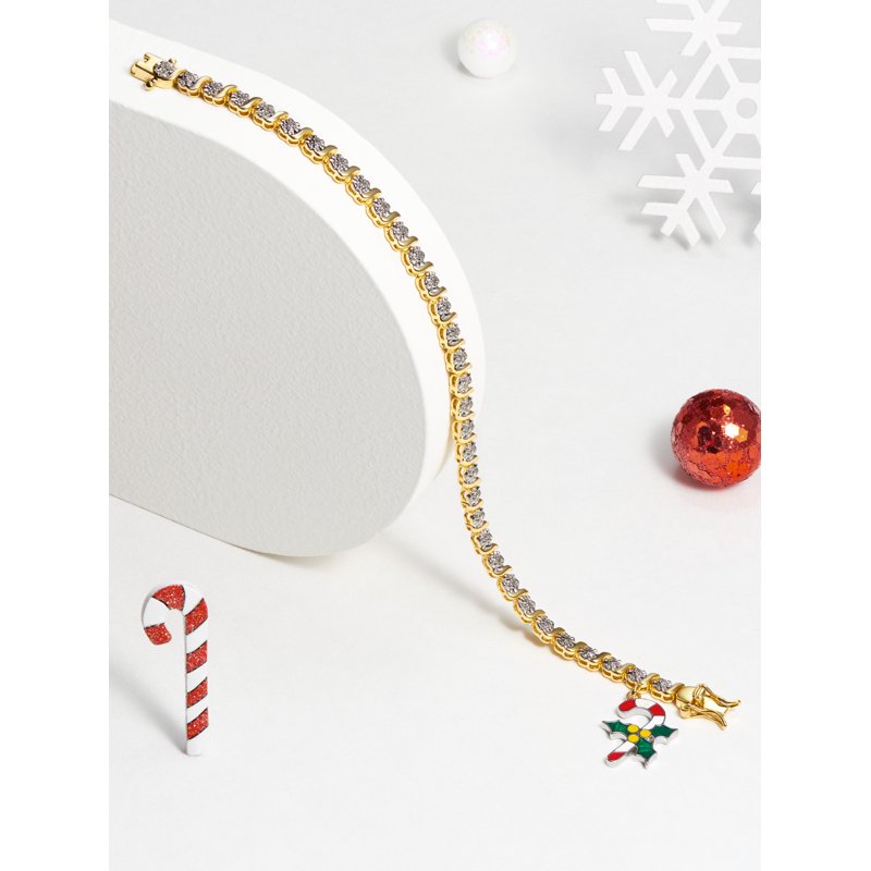 Holiday Candy Cane Charm Tennis Bracelet with Diamond Accents - Gold & Silver Options