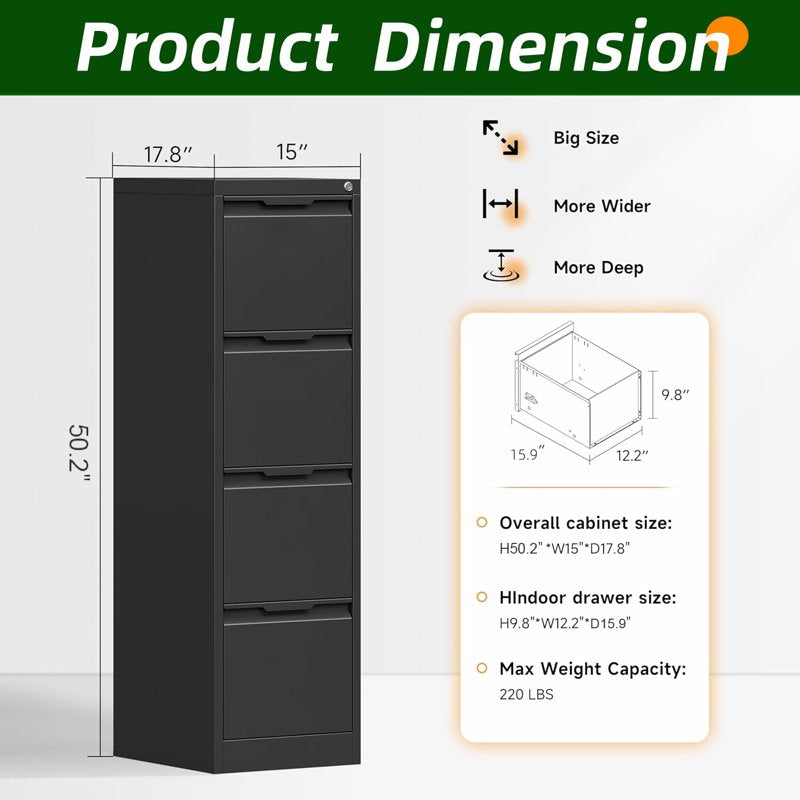 4-Drawer Locking File Cabinet - Vertical Steel Storage for Home Office