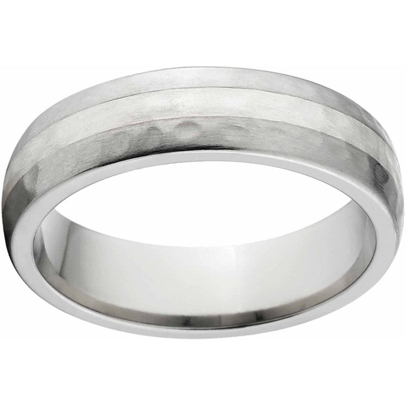 Titanium Wedding Band with Silver Inlay - Hammer Finish Comfort Fit